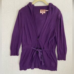 Juicy Couture cashmere purple cotton hooded button 3/4 sleeve cardigan Sz S